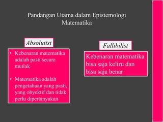 Fallibilist
Pandangan Utama dalam Epistemologi
Matematika
Absolutist
• Kebenaran matematika
adalah pasti secara
mutlak
• Matematika adalah
pengetahuan yang pasti,
yang obyektif dan tidak
perlu dipertanyakan
Kebenaran matematika
bisa saja keliru dan
bisa saja benar
 