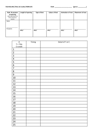 FILM BILLING (Titles & Credits) TEMPLATE FILM: _______________________ (genre: ___________)
Style & purpose
of opening
-opening sequence
-title sequence
-teaser
Length of opening Type of font Colour of font Animation of text Placement of text
Style:
_______________
Purpose: _______________
Why?
_______________
Why?
_______________
Why?
_______________
Why?
_______________
Why?
#
T = Title
C=credit
Timing Detail of T or C
1
2
3
4
5
6
7
8
9
10
11
12
13
14
15
16
17
18
19
20
21
22
23
24
25
 