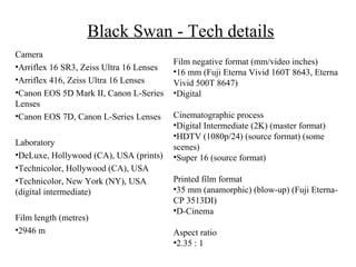 Black Swan - Tech details
Camera
                                          Film negative format (mm/video inches)
•Arriflex 16 SR3, Zeiss Ultra 16 Lenses
                                          •16 mm (Fuji Eterna Vivid 160T 8643, Eterna
•Arriflex 416, Zeiss Ultra 16 Lenses      Vivid 500T 8647)
•Canon EOS 5D Mark II, Canon L-Series     •Digital
Lenses
•Canon EOS 7D, Canon L-Series Lenses      Cinematographic process
                                          •Digital Intermediate (2K) (master format)
                                          •HDTV (1080p/24) (source format) (some
Laboratory
                                          scenes)
•DeLuxe, Hollywood (CA), USA (prints)     •Super 16 (source format)
•Technicolor, Hollywood (CA), USA
•Technicolor, New York (NY), USA          Printed film format
(digital intermediate)                    •35 mm (anamorphic) (blow-up) (Fuji Eterna-
                                          CP 3513DI)
                                          •D-Cinema
Film length (metres)
•2946 m                                   Aspect ratio
                                          •2.35 : 1
 