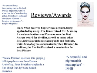‘An extraordinary,
intoxicating movie. Its hard,
twisted edges may turn off
some, but there’s no faulting
either Aronofsky’s technical
mastery or Portman’s
                                Reviews/Awards
flawless performance.’ –
Empire Magazine

                 Black Swan received huge critical acclaim, being
                 applauded by many. The film received five Academy
                 Award nominations and Portman won the Best
                 Actress award for the film, as well as many other
                 Best Actress awards in several guilds and festivals,
                 while Aronofsky was nominated for Best Director. In
                 addition, the film itself received a nomination for
                 Best Picture.

‘Natalie Portman excels in this gripping                  ‘A beautiful and
ballet psychodrama from Darren                            nightmarish
Aronofsky. Peter Bradshaw applauds a                      masterpiece’ –
film about fear, love and hatred.’ –                      IMdB
Guardian
 