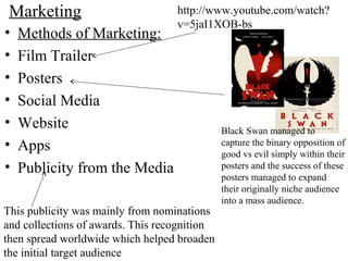 Marketing
• Methods of Marketing:
• Film Trailer
• Posters
• Social Media
• Website
• Apps
• Publicity from the Media
This publicity was mainly from nominations
and collections of awards. This recognition
then spread worldwide which helped broaden
the initial target audience
http://www.youtube.com/watch?
v=5jaI1XOB-bs
Black Swan managed to
capture the binary opposition of
good vs evil simply within their
posters and the success of these
posters managed to expand
their originally niche audience
into a mass audience.
 