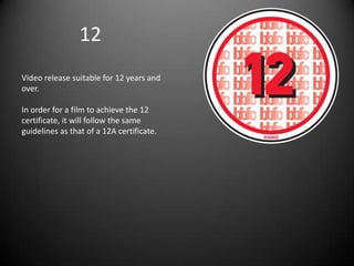 12
Video release suitable for 12 years and
over.
In order for a film to achieve the 12
certificate, it will follow the same
guidelines as that of a 12A certificate.
 