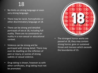18
• No limits on strong language or even
very strong language.
• There may be racist, homophobic or
other discriminatory language at 18.
• There can be strong and detailed
portrayals of sex at 18, including full
nudity. There are no constraints on
nudity in a non-sexual or educational
context.
• Violence can be strong and be
portrayed with strong detail. There may
even be dwelling on the infliction of
pain or injury, or scenes of strong
sadistic or sexual violence.
• Drug taking is shown, however as with
other certificates, drug taking must not
be promoted.
• The strongest horror works are
passed at 18, they may contain
strong horror, gore or sustained
threat and menace which exceeds
the boundaries of 15.
 