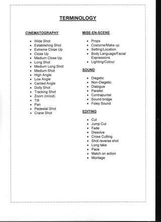 TERMINOLOGY


CINEMATOGRAPHY           MISE-EN-SCENE

 •   Wide Shot             • Props
 •   Establishing Shot     • Costume/Make up
 •   Extreme Close Up      • Setting/Location
 •   Close Up              • Body Language/Facial
 •   Medium Close Up         Expressions
 •   Long Shot             • Lighting/Colour
 •   Medium Long Shot
 •   Medium Shot         SOUND
 •   High Angle
 •   Low Angle             •   Diegetic
 •   Canted Angle          •   Non-Diegetic
 •   Dolly Shot            •   Dialogue
 •   Tracking Shot         •   Parallel
 •   Zoom (in/out)         •   Contrapuntal
 •   Tilt                  •   Sound bridge
 •   Pan                   •   Foley Sound
 •   Pedestal Shot
 •   Crane Shot          EDITING

                           •   Cut
                           •   Jump Cut
                           •   Fade
                           •    Dissolve
                           •   Cross Cutting
                           •   Shot reverse shot
                           •    Long take
                           •   Pace
                           •   Match on action
                           •    Montage
 