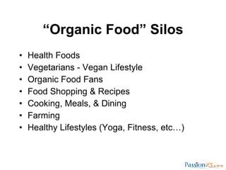 “ Organic Food” Silos <ul><li>Health Foods </li></ul><ul><li>Vegetarians - Vegan Lifestyle </li></ul><ul><li>Organic Food ...
