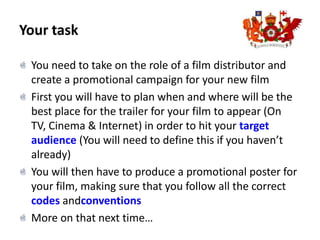 Your taskYou need to take on the role of a film distributor and create a promotional campaign for your new filmFirst you will have to plan when and where will be the best place for the trailer for your film to appear (On TV, Cinema & Internet) in order to hit your target audience (You will need to define this if you haven’t already)You will then have to produce a promotional poster for your film, making sure that you follow all the correct codes andconventionsMore on that next time…