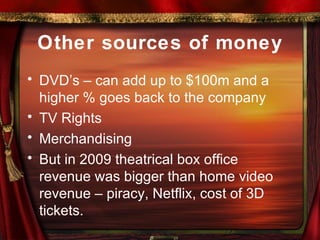 Other sources of money DVD’s – can add up to $100m and a higher % goes back to the company TV Rights Merchandising But in 2009 theatrical box office revenue was bigger than home video revenue – piracy, Netflix, cost of 3D tickets. 