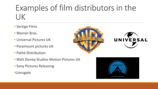Examples of film distributors in the
UK
• Vertigo Films
• Warner Bros.
• Universal Pictures UK
• Paramount pictures UK
• Pathé Distribution
• Walt Disney Studios Motion Pictures UK
• Sony Pictures Releasing
•Lionsgate
