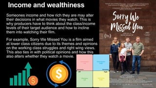 Income and wealthiness
Someones income and how rich they are may alter
their decisions in what movies they watch. This is
why producers have to think about the class/income
levels of their target audience and how to incline
them into watching their film.
For example, Sorry We Missed You is a film aimed
at lower class citizens due to its themes and opinions
on the working class struggles and right wing views.
This also ties in with political opinions and how this
also alters whether they watch a movie.
 