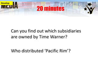 Develop

20 minutes

Can you find out which subsidiaries
are owned by Time Warner?
Who distributed ‘Pacific Rim’?

 