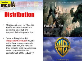 Develop

Distribution
• This is good news for films like
Pacific Rim: distribution is a
done deal since WB are
responsible for its production.
• Spare a thought for the
independent producer: he/she
might have enough money to
make their film, but how are
they going to get it into cinemas
when companies like this
control much of the industry?

 