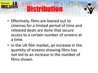 Discover

Distribution

• Effectively, films are loaned out to
cinemas for a limited period of time and
released deals are done that secure
access to a certain number of screens at
a time.
• In the UK film market, an increase in the
quantity of screens showing films has
not led to an increase in the number of
films shown.

 