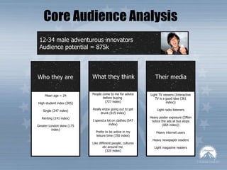 Core Audience Analysis 12-34 male adventurous innovators Audience potential = 875k Their media Who they are What they think People come to me for advice before buying  (727 index) Really enjoy going out to get drunk (615 index) I spend a lot on clothes (547 index) Prefer to be active in my leisure time (350 index) Like different people, cultures etc around me  (320 index) Mean age = 24 High student index (305) Single (247 index) Renting (141 index) Greater London skew (175 index) Light TV viewers (Interactive TV is a good idea (361 index)) Light radio listeners Heavy poster exposure ( Often notice the ads at bus stops (664 index)) Heavy internet users Heavy newspaper readers Light magazine readers 