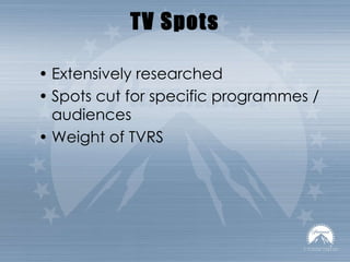 TV Spots Extensively researched Spots cut for specific programmes / audiences Weight of TVRS 