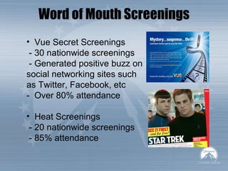 Word of Mouth Screenings Vue Secret Screenings   - 30 nationwide screenings   - Generated positive buzz on social networking sites such as Twitter, Facebook, etc  -  Over 80% attendance  Heat Screenings   - 20 nationwide screenings   - 85% attendance  