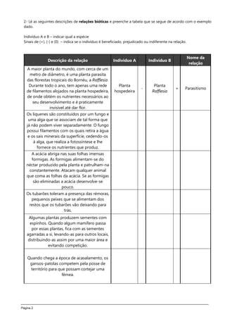 Página 2
2- Lê as seguintes descrições de relações bióticas e preenche a tabela que se segue de acordo com o exemplo
dado.
Indivíduo A e B – indicar qual a espécie
Sinais de (+), (-) e (0) – indica se o indivíduo é beneficiado, prejudicado ou indiferente na relação.
Descrição da relação Individuo A Indivíduo B
Nome da
relação
A maior planta do mundo, com cerca de um
metro de diâmetro, é uma planta parasita
das florestas tropicais do Bornéu, a Rafflesia.
Durante todo o ano, tem apenas uma rede
de filamentos alojados na planta hospedeira,
de onde obtém os nutrientes necessários ao
seu desenvolvimento e é praticamente
invisível até dar flor.
Planta
hospedeira
-
Planta
Rafflesia
+ Parasitismo
Os líquenes são constituídos por um fungo e
uma alga que se associam de tal forma que
já não podem viver separadamente. O fungo
possui filamentos com os quais retira a água
e os sais minerais da superfície, cedendo-os
à alga, que realiza a fotossíntese e lhe
fornece os nutrientes que produz.
A acácia abriga nas suas folhas imensas
formigas. As formigas alimentam-se do
néctar produzido pela planta e patrulham-na
constantemente. Atacam qualquer animal
que coma as folhas da acácia. Se as formigas
são eliminadas a acácia desenvolve-se
pouco.
Os tubarões toleram a presença das rémoras,
pequenos peixes que se alimentam dos
restos que os tubarões vão deixando para
trás.
Algumas plantas produzem sementes com
espinhos. Quando algum mamífero passa
por essas plantas, fica com as sementes
agarradas a si, levando-as para outros locais,
distribuindo-as assim por uma maior área e
evitando competição.
Quando chega a época de acasalamento, os
gansos-patolas competem pela posse de
território para que possam cortejar uma
fêmea.
 