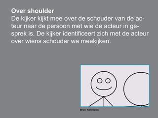 Over shoulder 
De kijker kijkt mee over de schouder van de ac-teur 
naar de persoon met wie de acteur in ge-sprek 
is. De kijker identificeert zich met de acteur 
over wiens schouder we meekijken. 
Bron: Kennisnet 
 