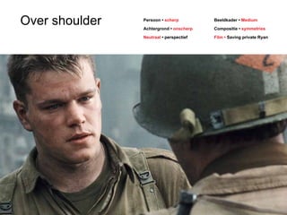 Persoon • scherp 
Achtergrond • onscherp 
Neutraal • perspectief 
Beeldkader • Medium 
Compositie • symmetries 
Film • Saving private Ryan 
Over shoulder 
 