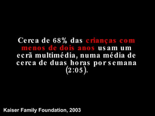 Cerca de 68% das  crianças com menos de dois anos  usam um ecrã multimédia, numa média de cerca de duas horas por semana (2:05). Kaiser Family Foundation, 2003 