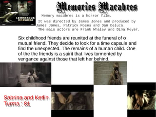 Memory macabres is a horror film.
It was directed by James Jones and produced by
James Jones, Patrick Moses and Dan Deluca...