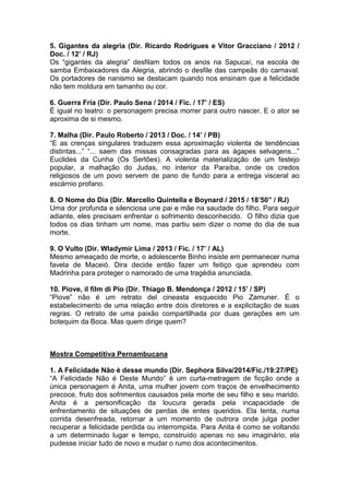 5. Gigantes da alegria (Dir. Ricardo Rodrigues e Vitor Gracciano / 2012 /
Doc. / 12’ / RJ)
Os “gigantes da alegria” desfilam todos os anos na Sapucaí, na escola de
samba Embaixadores da Alegria, abrindo o desfile das campeãs do carnaval.
Os portadores de nanismo se destacam quando nos ensinam que a felicidade
não tem moldura em tamanho ou cor.
6. Guerra Fria (Dir. Paulo Sena / 2014 / Fic. / 17’ / ES)
É igual no teatro: o personagem precisa morrer para outro nascer. E o ator se
aproxima de si mesmo.
7. Malha (Dir. Paulo Roberto / 2013 / Doc. / 14’ / PB)
“E as crenças singulares traduzem essa aproximação violenta de tendências
distintas...” “... saem das missas consagradas para as ágapes selvagens...”
Euclides da Cunha (Os Sertões). A violenta materialização de um festejo
popular, a malhação do Judas, no interior da Paraíba, onde os credos
religiosos de um povo servem de pano de fundo para a entrega visceral ao
escárnio profano.
8. O Nome do Dia (Dir. Marcello Quintella e Boynard / 2015 / 18’50” / RJ)
Uma dor profunda e silenciosa une pai e mãe na saudade do filho. Para seguir
adiante, eles precisam enfrentar o sofrimento desconhecido. O filho dizia que
todos os dias tinham um nome, mas partiu sem dizer o nome do dia de sua
morte.
9. O Vulto (Dir. Wladymir Lima / 2013 / Fic. / 17’ / AL)
Mesmo ameaçado de morte, o adolescente Binho insiste em permanecer numa
favela de Maceió. Dira decide então fazer um feitiço que aprendeu com
Madrinha para proteger o namorado de uma tragédia anunciada.
10. Piove, il film di Pio (Dir. Thiago B. Mendonça / 2012 / 15’ / SP)
“Piove” não é um retrato del cineasta esquecido Pio Zamuner. É o
estabelecimento de uma relação entre dois diretores e a explicitação de suas
regras. O retrato de uma paixão compartilhada por duas gerações em um
botequim da Boca. Mas quem dirige quem?
Mostra Competitiva Pernambucana
1. A Felicidade Não é desse mundo (Dir. Sephora Silva/2014/Fic./19:27/PE)
“A Felicidade Não é Deste Mundo” é um curta-metragem de ficção onde a
única personagem é Anita, uma mulher jovem com traços de envelhecimento
precoce, fruto dos sofrimentos causados pela morte de seu filho e seu marido.
Anita é a personificação da loucura gerada pela incapacidade de
enfrentamento de situações de perdas de entes queridos. Ela tenta, numa
corrida desenfreada, retornar a um momento de outrora onde julga poder
recuperar a felicidade perdida ou interrompida. Para Anita é como se voltando
a um determinado lugar e tempo, construído apenas no seu imaginário, ela
pudesse iniciar tudo de novo e mudar o rumo dos acontecimentos.
 