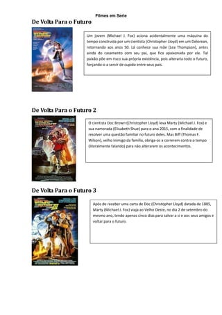 Filmes em Serie
De Volta Para o Futuro

                    Um jovem (Michael J. Fox) aciona acidentalmente uma máquina do
                    tempo construída por um cientista (Christopher Lloyd) em um Delorean,
                    retornando aos anos 50. Lá conhece sua mãe (Lea Thompson), antes
                    ainda do casamento com seu pai, que fica apaixonada por ele. Tal
                    paixão põe em risco sua própria existência, pois alteraria todo o futuro,
                    forçando-o a servir de cupido entre seus pais.




De Volta Para o Futuro 2

                     O cientista Doc Brown (Christopher Lloyd) leva Marty (Michael J. Fox) e
                     sua namorada (Elisabeth Shue) para o ano 2015, com a finalidade de
                     resolver uma questão familiar no futuro deles. Mas Biff (Thomas F.
                     Wilson), velho inimigo da família, obriga-os a correrem contra o tempo
                     (literalmente falando) para não alterarem os acontecimentos.




De Volta Para o Futuro 3

                         Após de receber uma carta de Doc (Christopher Lloyd) datada de 1885,
                         Marty (Michael J. Fox) viaja ao Velho Oeste, no dia 2 de setembro do
                         mesmo ano, tendo apenas cinco dias para salvar a si e aos seus amigos e
                         voltar para o futuro.
 