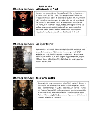 Filmes em Serie
O Senhor dos Anéis - A Sociedade do Anel
                    Numa terra fantástica e única, chamada Terra-Média, um hobbit (seres
                    de estatura entre 80 cm e 1,20 m, com pés peludos e bochechas um
                    pouco avermelhadas) recebe de presente de seu tio o Um Anel, um anel
                    mágico e maligno que precisa ser destruído antes que caia nas mãos do
                    mal. Para isso o hobbit Frodo (Elijah Woods) terá um caminho árduo
                    pela frente, onde encontrará perigo, medo e personagens bizarros. Ao
                    seu lado para o cumprimento desta jornada aos poucos ele poderá
                    contar com outros hobbits, um elfo, um anão, dois humanos e um
                    mago, totalizando 9 pessoas que formarão a Sociedade do Anel.




O Senhor dos Anéis - As Duas Torres

                    Após a captura de Merry (Dominic Monaghan) e Pippy (Billy Boyd) pelos
                    orcs, a Sociedade do Anel é dissolvida. Enquanto que Frodo (Elijah
                    Wood) e Sam (Sean Astin) seguem sua jornada rumo à Montanha da
                    Perdição para destruir o Um Anel, Aragorn (Viggo Mortensen), Legolas
                    (Orlando Bloom) e Gimli (John Rhys-Davies) partem para resgatar os
                    hobbits sequestrados.




O Senhor dos Anéis - O Retorno do Rei
                       Sauron planeja um grande ataque a Minas Tirith, capital de Gondor, o
                       que faz com que Gandalf (Ian McKellen) e Pippin (Billy Boyd) partam
                       para o local na intenção de ajudar a resistência. Um exército é reunido
                       por Theoden (Bernard Hill) em Rohan, em mais uma tentativa de deter
                       as forças de Sauron. Enquanto isso Frodo (Elijah Wood), Sam (Sean
                       Astin) e Gollum (Andy Serkins) seguem sua viagem rumo à Montanha da
                       Perdição, para destruir o Um Anel
 