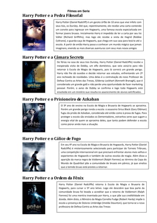 Filmes em Serie
Harry Potter e a Pedra Filosofal
                 Harry Potter (Daniel Radcliff) é um garoto órfão de 10 anos que vive infeliz com
                 seus tios, os Dursley. Até que, repentinamente, ele recebe uma carta contendo
                 um convite para ingressar em Hogwarts, uma famosa escola especializada em
                 formar jovens bruxos. Inicialmente Harry é impedido de ler a carta por seu tio
                 Válter (Richard Griffiths), mas logo ele recebe a visita de Hagrid (Robbie
                 Coltrane), o guarda-caça de Hogwarts, que chega em sua casa para levá-lo até a
                 escola. A partir de então Harry passa a conhecer um mundo mágico que jamais
                 imaginara, vivendo as mais diversas aventuras com seus mais novos amigos


Harry Potter e a Câmara Secreta
                  De férias na casa de seus tios Dursley, Harry Potter (Daniel Radcliffe) recebe a
                  inesperada visita de Dobby, um elfo doméstico, que veio avisá-lo para não
                  retornar à Escola de Magia de Hogwarts, pois lá correrá um grande perigo.
                  Harry não lhe dá ouvidos e decide retornar aos estudos, enfrentando um 2º
                  ano recheado de novidades. Uma delas é a contratação do novo Professor de
                  Defesa Contra as Artes das Trevas, Gilderoy Lockhart (Kenneth Branagh), que é
                  considerado um grande galã e não perde uma oportunidade de fazer marketing
                  pessoal. Porém, o aviso de Dobby se confirma e logo toda Hogwarts está
                  envolvida em um mistério que resulta no aparecimento de alunos petrificados.

Harry Potter e o Prisioneiro de Azkaban
                     O 3º ano de ensino na Escola de Magia e Bruxaria de Hogwarts se aproxima.
                     Porém um grande perigo ronda a escola: o assassino Sirius Black (Gary Oldman)
                     fugiu da prisão de Azkaban, considerada até então como à prova de fugas. Para
                     proteger a escola são enviados os Dementadores, estranhos seres que sugam a
                     energia vital de quem se aproxima deles, que tanto podem defender a escola
                     como piorar ainda mais a situação.




Harry Potter e o Cálice de Fogo
                     Em seu 4º ano na Escola de Magia e Bruxaria de Hogwards, Harry Potter (Daniel
                     Radcliffe) é misteriosamente selecionado para participar do Torneio Tribruxo,
                     uma competição internacional em que precisará enfrentar alunos mais velhos e
                     experientes de Hogwards e também de outras escolas de magia. Além disso a
                     aparição da marca negra de Voldemort (Ralph Fiennes) ao término da Copa do
                     Mundo de Quadribol põe a comunidade de bruxos em pânico, já que sinaliza
                     que o temido bruxo está prestes a retornar.



Harry Potter e a Ordem da Fênix
                   Harry Potter (Daniel Radcliffe) retorna à Escola de Magia e Bruxaria de
                   Hogwarts, para cursar o 5º ano letivo. Logo ele descobre que boa parte da
                   comunidade bruxa foi levada a acreditar que o retorno de Voldemort (Ralph
                   Fiennes) foi uma mentira inventada por Harry, o que põe sua credibilidade em
                   dúvida. Além disto, o Ministro da Magia Cornélio Fudge (Robert Hardy) impõe à
                   escola a presença de Dolores Umbridge (Imelda Staunton), que torna-se a nova
                   professora de Defesa Contra as Artes das Trevas
 