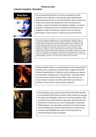 Filmes em Serie
Coleção Completa Hannibal

                   Clarice Starling (Jodie Foster) é uma aluna da academia do FBI.
                   Estando entre as melhores, é chamada por Jack Crawford (Scott
                   Glenn) para participar de um caso de serial killer. Como o número de
                   mortes está aumentando rapidamente, Jack envia Clarice para
                   conseguir a ajuda de Hannibal Lecter (Anthony Hopkins), um famoso
                   psiquiatra e canibal, preso em um manicômio. Hannibal, pra lá de
                   inteligente, acaba se infiltrando na vida de Clarice em troca de
                   informações e a leva a pensar e a ajuda na busca pelo assassino.



                    Sete anos se passaram desde que o Dr. Hannibal Lecter (Anthony Hopkins)
                    escapou da prisão. O múltiplo homicida agora trabalha na biblioteca de uma
                    família nobre de Florença e transita livremente pela Europa. A agente do FBI
                    Clarice Sterling (Julianne Moore), que entrevistou o Dr. Lecter antes que ele
                    fugisse do hospital de segurança máxima para criminosos insanos, nunca
                    esqueceu o assassino, cuja voz ainda atormenta seus sonhos. Mas também
                    Mason Verger (Gary Oldman) não se esqueceu de Hannibal. Vítima que conseguiu
                    sobreviver ao ataque do psicopata e ficou terrivelmente desfigurado, Verger se
                    torna um obcecado pela vingança e percebe que, para fazer com que o Dr. Lecter
                    seja descoberto, terá que usar como isca a própria Clarice Sterling.




                    Anthony Hopkins retorna a sua extraordinária e mais impressionante
                    atuação, como o maligno Dr. Hannibal Lecter. O agente do FBI Will
                    Graham (Edward Norton, O Clube da Luta) é chamado para capturar
                    um serial killer conhecido como "Fada do Dente". Para interromper
                    os crimes brutais, Graham tem que deixar Lecter entrar em sua
                    mente. Prepare-se para os tormentos de Graham ao confrontar o
                    brilhante e sinistro Lecter neste suspense arrepiante.




                      Leste da Europa, pouco após o fim da 2ª Guerra Mundial. Hannibal
                      Lecter (Gaspard Ulliel) assiste de perto a morte violenta de seus pais.
                      Sem apoio, ele é obrigado a morar em um orfanato soviético, onde
                      sua família morava anteriormente. Logo Lecter parte para Paris na
                      tentativa de encontrar seu tio, mas é recebido pela sra. Murasaki
                      Shikibu (Gong Li), uma viúva bela e misteriosa que lhe dá carinho e
                      amor. Na cidade Lecter decide estudar Medicina, como forma de
                      aumentar suas habilidades para poder fazer justiça contra os
                      criminosos de guerra que o perseguem.
 