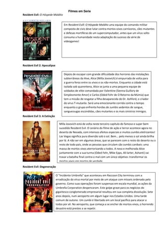 Filmes em Serie
Resident Evil: O Hóspede Maldito


                                    Em Resident Evill: O Hóspede Maldito uma equipe do comando militar
                                    composta de civis deve lutar contra mortos-vivos carnívoros, cães mutantes
                                    e defesas mortíferas de um supercomputador, antes que um vírus solto
                                    consuma a humanidade nesta adaptação do sucesso da série de
                                    videogames!




Resident Evil 2: Apocalipse

                                    Depois de escapar com grande dificuldade dos horrores das instalações
                                    subterrâneas da Hive, Alice (Milla Jovovich) é empurrada de volta para
                                    a guerra feroz entre os vivos e os não-mortos. Enquanto a cidade está
                                    isolada sob quarentena, Alice se junta a uma pequena equipe de
                                    soldados de elite comandada por Valentine (Sienna Guillory de
                                    Simplesmente Amor) e Carlos (Oded Fehr de O Retorno da Múmia) que
                                    tem a missão de resgatar a filha desaparecida do Dr. Ashford, o criador
                                    do vírus T-mutante. Será uma emocionante corrida contra o tempo
                                    enquanto o grupo enfrenta hordas de zumbis sedentos de sangue,
                                    sanguessugas escondidas, cães mutantes e os mais sinistros inimigos.
Resident Evil 3: A Extinção

                                Milla Jovovich está de volta neste terceiro capítulo do famoso e super bem
                                sucedido Resident Evil. O cenário do filme de ação e terror acontece agora no
                                deserto de Nevada, com intensos efeitos especiais e muitos zumbis eletrizantes!
                                Las Vegas significa pura diversão sob o sol. Bem... pelo menos o sol ainda brilha
                                por lá. A não ser em algumas áreas, que se parecem com o resto do deserto ou o
                                resto de todo país, onde as pessoas que circulam são zumbis canibais: uma
                                massa de mortos vivos aterrorizando a todos. A nova e melhorada Alice
                                juntamente com a sua turma (Oded Fehr, Mike Epps, Ali larter, Ashanti) vai
                                travar a batalha final contra o mal com um único objetivo: transformar os
                                mortos vivos em mortos de verdade.
Resident Evil: Degeneração

                              O "Incidente Umbrella" que aconteceu em Raccoon City terminou com a
                              erradicação do vírus mortal por meio de um ataque com mísseis ordenado pelo
                              governo. Como suas operações foram suspensas em escala mundial, as ações da
                              Umbrella Corporation despencaram. Este golpe grave para os negócios do
                              gigantesco conglomerado empresarial resultou em sua completa dissolução. Sete
                              anos depois, num aeroporto em algum lugar nos Estados Unidos. Uma tarde
                              comum de outono. Um zumbi é libertado em um local pacífico para atacar a
                              todos por ali. No aeroporto, que começa a se encher de mortos-vivos, o horrendo
                              desastre está prestes a se repetir.
 
