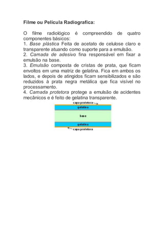 Filme ou Película Radiografica:
O filme radiológico é compreendido de quatro
componentes básicos:
1. Base plástica Feita de acetato de celulose claro e
transparente atuando como suporte para a emulsão.
2. Camada de adesivo fina responsável em fixar a
emulsão na base.
3. Emulsão composta de cristas de prata, que ficam
envoltos em uma matriz de gelatina. Fica em ambos os
lados, e depois de atingidos ficam sensibilizados e são
reduzidos à prata negra metálica que fica visível no
processamento.
4. Camada protetora protege a emulsão de acidentes
mecânicos e é feito de gelatina transparente.
 