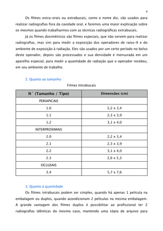 Os ﬁlmes extra-orais ou extrabucais, como o nome diz, são usados para
realizar radiograﬁas fora da cavidade oral, e faremos uma maior explicação sobre
os mesmos quando trabalharmos com as técnicas radiográﬁcas extrabucais.
Já os ﬁlmes dosimétricos são ﬁlmes especiais, que não servem para realizar
radiograﬁas, mas sim para medir a exposição dos operadores de raios-X e do
ambiente de exposição à radiação. Eles são usados por um certo período no bolso
deste operador, depois são processados e sua densidade é mensurada em um
aparelho especial, para medir a quantidade de radiação que o operador recebeu,
em seu ambiente de trabalho.
2. Quanto ao tamanho
Filmes Intrabucais
N˚ (Tamanho / Tipo) Dimensões (cm)
PERIAPICAIS
1.0 2,2 x 3,4
1.1 2,3 x 3,9
1.2 3,1 x 4,0
INTERPROXIMAIS
2.0 2,2 x 3,4
2.1 2,3 x 3,9
2.2 3,1 x 4,0
2.3 2,6 x 5,3
OCLUSAIS
3.4 5,7 x 7,6
3. Quanto à quantidade
Os ﬁlmes intrabucais podem ser simples, quando há apenas 1 película na
embalagem ou duplos, quando acondicionam 2 películas na mesma embalagem.
A grande vantagem dos ﬁlmes duplos é possibilitar ao proﬁssional ter 2
radiograﬁas idênticas do mesmo caso, mantendo uma cópia de arquivo para
4
 