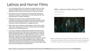 Latinos and Horror Films
• For most weekend 22% of an audience are Latinos which is a fairly
large percentage however this can boost to 50% on the opening
weekends of horror films purely because of their love for horror.
• Some famous horror film directors are Latino which shows their
influence in the genre. These directors include Guillermo Del Toro,
George Romero and Robert Rodriguez.
• Hollywood still seems to have a diversity problem as Latino
characters are hardly ever presented as the main character and are
most of the time demoted to either a friend of the main character
(normally a white male/female) or a background extra.
• More Latino main characters should appear in horror films as they
have such a strong passion for horror however they may not get a
chance due to the society we live in.
• La Llorona is a Mexican folktale about the ghost of a woman who
drowned herself and her children who now wanders the streets of
Mexico kidnapping children to take the place of her own. The tale
was made into a horror film in 2019 called The Curse of La Llorona
which was a typical jump scare filled horror however it does
something irritating as instead of basing the film in Mexico it instead
is set in America, the film took advantage of Latino audiences by
making them think they were going to see a film that represented
their culture however this was instead just used as bait to get a large
amount of Latin audiences to watch the film.
https://www.npr.org/sections/codeswitch/2015/10/31/452298992/why-latinos-heart-horror-films?t=1570525960591
 