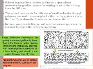 • Solvent removal from the free surface sets up a solvent
concentration gradient across the coating to act as the driving
force for diffusion.
• The normal treatments for diffusion of small molecules through
polymers are made more complex for the coating systems where
the final Tg is above the film formation temperature.
• In these systems vitrification will occur at some stage when the
nominal Tg equals the drying temperature.
Rates of diffusion of solvents in the
glassy state are significantly lower
than in the liquid or rubbery phase
which means that glassy coatings
can retain significant amounts of
solvent for long periods – in some
cases for a number of years.
Problem: Coatings are in contact
with food or drink, such as in can
lacquers
 