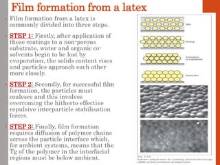 Film formation from a latex
• Film formation from a latex is
commonly divided into three steps.
• STEP 1: Firstly, after application of
these coatings to a non-porous
substrate, water and organic co-
solvents begin to be lost by
evaporation, the solids content rises
and particles approach each other
more closely.
• STEP 2: Secondly, for successful film
formation, the particles must
coalesce and this involves
overcoming the hitherto effective
repulsive interparticle stabilisation
forces.
• STEP 3: Finally, film formation
requires diffusion of polymer chains
across the particle interface which,
for ambient systems, means that the
Tg of the polymer in the interfacial
regions must be below ambient.
 