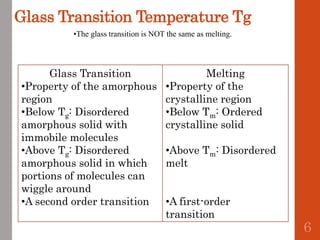 Glass Transition Temperature Tg
Glass Transition
•Property of the amorphous
region
•Below Tg: Disordered
amorphous solid with
immobile molecules
•Above Tg: Disordered
amorphous solid in which
portions of molecules can
wiggle around
•A second order transition
Melting
•Property of the
crystalline region
•Below Tm: Ordered
crystalline solid
•Above Tm: Disordered
melt
•A first-order
transition
•The glass transition is NOT the same as melting.
6
 