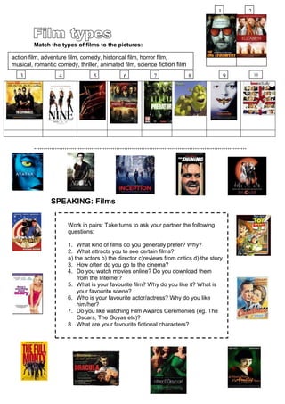 Match the types of films to the pictures:
…………………………………………………………………………………………………
SPEAKING: Films
action film, adventure film, comedy, historical film, horror film,
musical, romantic comedy, thriller, animated film, science fiction film
Work in pairs: Take turns to ask your partner the following
questions:
1. What kind of films do you generally prefer? Why?
2. What attracts you to see certain films?
a) the actors b) the director c)reviews from critics d) the story
3. How often do you go to the cinema?
4. Do you watch movies online? Do you download them
from the Internet?
5. What is your favourite film? Why do you like it? What is
your favourite scene?
6. Who is your favourite actor/actress? Why do you like
him/her?
7. Do you like watching Film Awards Ceremonies (eg. The
Oscars, The Goyas etc)?
8. What are your favourite fictional characters?
1 2
3 41
1
51
1
61
1
741
41
1
1
8741
41
41
1
1
9741
41
41
1
1
10
 