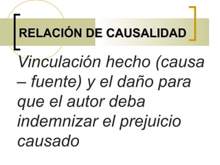 RELACIÓN DE CAUSALIDADRELACIÓN DE CAUSALIDAD
Vinculación hecho (causa
– fuente) y el daño para
que el autor deba
indemnizar el prejuicio
causado
 
