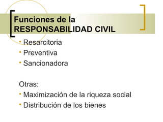 Funciones de la
RESPONSABILIDAD CIVIL
 Resarcitoria
 Preventiva
 Sancionadora
Otras:
 Maximización de la riqueza social
 Distribución de los bienes
 