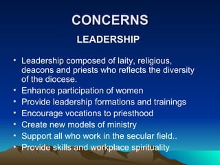 CONCERNS LEADERSHIP Leadership composed of laity, religious, deacons and priests who reflects the diversity of the diocese. Enhance participation of women Provide leadership formations and trainings Encourage vocations to priesthood Create new models of ministry Support all who work in the secular field..  Provide skills and workplace spirituality 