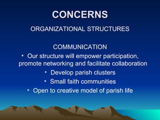 CONCERNS ORGANIZATIONAL STRUCTURES COMMUNICATION Our structure will empower participation, promote networking and facilitate collaboration Develop parish clusters Small faith communities Open to creative model of parish life 