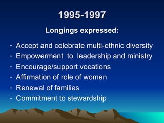 1995-1997 Longings expressed: Accept and celebrate multi-ethnic diversity Empowerment  to  leadership and ministry Encourage/support vocations Affirmation of role of women Renewal of families Commitment to stewardship 