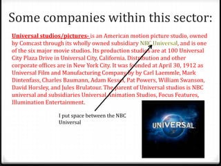 Some companies within this sector:
Universal studios/pictures- is an American motion picture studio, owned
by Comcast through its wholly owned subsidiary , and is one
of the six major movie studios. Its production studios are at 100 Universal
City Plaza Drive in Universal City, California. Distribution and other
corporate offices are in New York City. It was founded at April 30, 1912 as
Universal Film and Manufacturing Company by by Carl Laemmle, Mark
Dintenfass, Charles Baumann, Adam Kessel, Pat Powers, William Swanson,
David Horsley, and Jules Brulatour. The parent of Universal studios is NBC
universal and subsidiaries Universal Animation Studios, Focus Features,
Illumination Entertainment.
I put space between the NBC
Universal
 