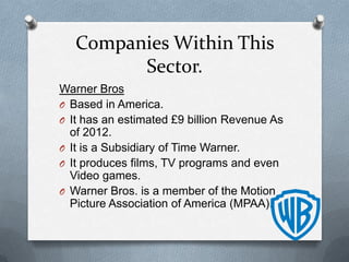 Companies Within This
Sector.
Warner Bros
O Based in America.
O It has an estimated £9 billion Revenue As
of 2012.
O It is a Subsidiary of Time Warner.
O It produces films, TV programs and even
Video games.
O Warner Bros. is a member of the Motion
Picture Association of America (MPAA).

 