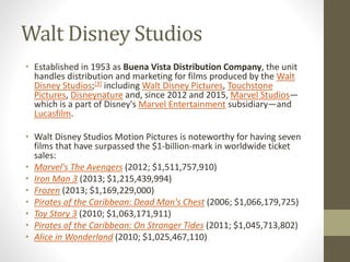 Walt Disney Studios
• Established in 1953 as Buena Vista Distribution Company, the unit
handles distribution and marketing for films produced by the Walt
Disney Studios;[3] including Walt Disney Pictures, Touchstone
Pictures, Disneynature and, since 2012 and 2015, Marvel Studios—
which is a part of Disney's Marvel Entertainment subsidiary—and
Lucasfilm.
• Walt Disney Studios Motion Pictures is noteworthy for having seven
films that have surpassed the $1-billion-mark in worldwide ticket
sales:
• Marvel's The Avengers (2012; $1,511,757,910)
• Iron Man 3 (2013; $1,215,439,994)
• Frozen (2013; $1,169,229,000)
• Pirates of the Caribbean: Dead Man's Chest (2006; $1,066,179,725)
• Toy Story 3 (2010; $1,063,171,911)
• Pirates of the Caribbean: On Stranger Tides (2011; $1,045,713,802)
• Alice in Wonderland (2010; $1,025,467,110)
 