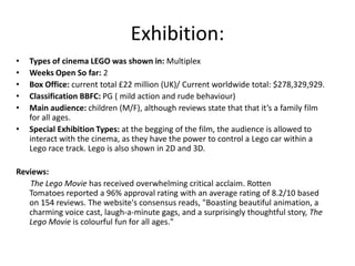 Exhibition:
•
•
•
•
•
•

Types of cinema LEGO was shown in: Multiplex
Weeks Open So far: 2
Box Office: current total £22 million (UK)/ Current worldwide total: $278,329,929.
Classification BBFC: PG ( mild action and rude behaviour)
Main audience: children (M/F), although reviews state that that it’s a family film
for all ages.
Special Exhibition Types: at the begging of the film, the audience is allowed to
interact with the cinema, as they have the power to control a Lego car within a
Lego race track. Lego is also shown in 2D and 3D.

Reviews:
The Lego Movie has received overwhelming critical acclaim. Rotten
Tomatoes reported a 96% approval rating with an average rating of 8.2/10 based
on 154 reviews. The website's consensus reads, "Boasting beautiful animation, a
charming voice cast, laugh-a-minute gags, and a surprisingly thoughtful story, The
Lego Movie is colourful fun for all ages."

 