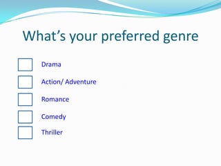 What’s your preferred genreDramaAction/ AdventureRomanceComedyThriller