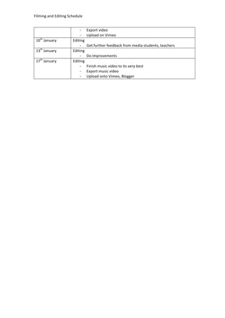 Filming	
  and	
  Editing	
  Schedule	
  

10th	
  January	
  	
  
13th	
  January	
  	
  
17th	
  January	
  	
  

	
  

-­‐ Export	
  video	
  
-­‐ Upload	
  on	
  Vimeo	
  
Editing	
  
-­‐ Get	
  further	
  feedback	
  from	
  media	
  students,	
  teachers	
  
Editing	
  
-­‐ Do	
  improvements	
  
Editing	
  
-­‐ Finish	
  music	
  video	
  to	
  its	
  very	
  best	
  	
  
-­‐ Export	
  music	
  video	
  
-­‐ Upload	
  onto	
  Vimeo,	
  Blogger	
  

 
