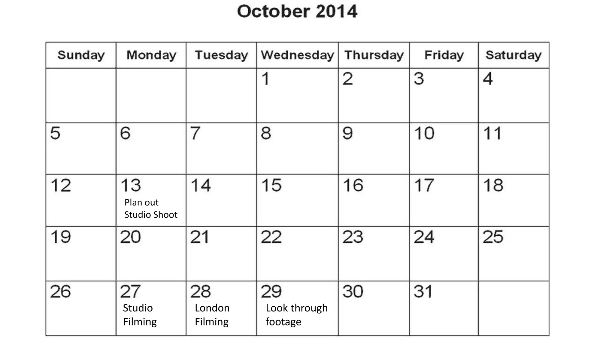 Studio
Filming
London
Filming
Plan out
Studio Shoot
Look through
footage