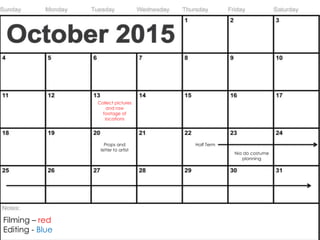 Collect pictures
and raw
footage of
locations
Half Term
Nia do costume
planning
Props and
letter to artist
Filming – red
E...